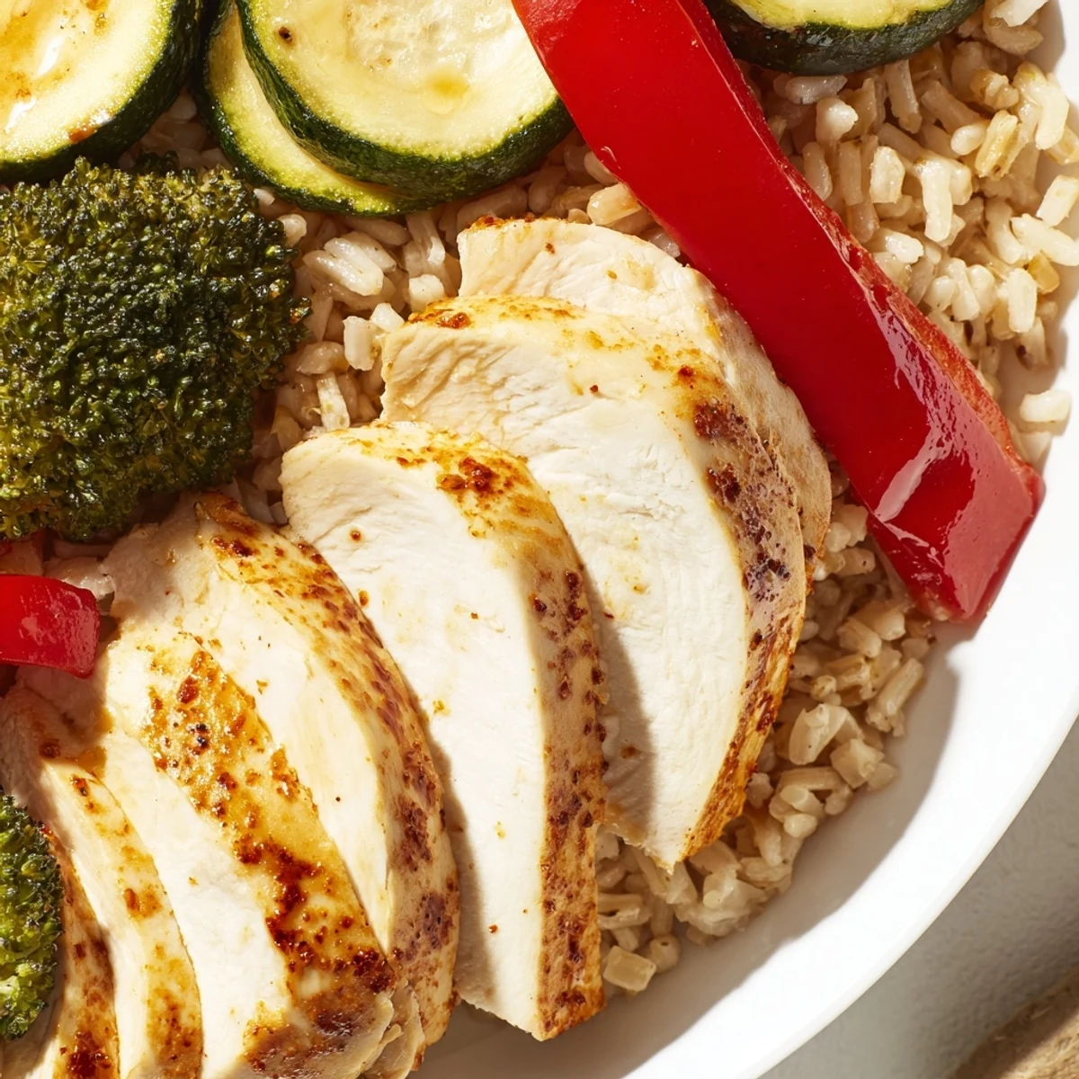 Golden-brown chicken and colorful roasted vegetables beside fluffy rice in a meal prep container.
