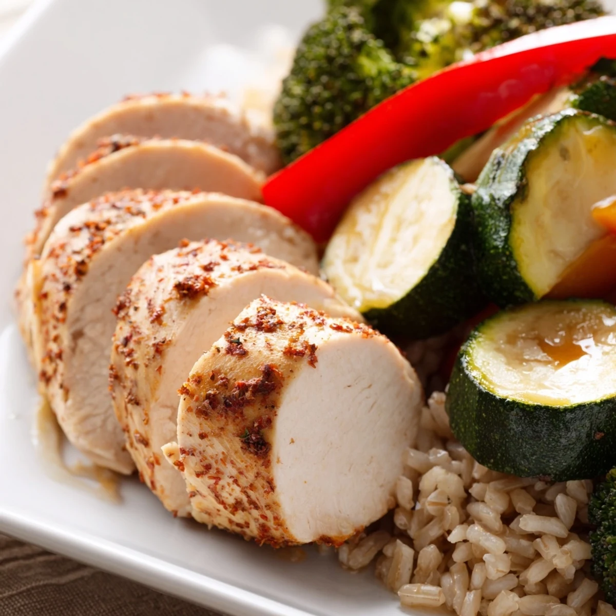 Close-up of seasoned Chicken Meal Prep with tender chicken, vibrant bell peppers, and drizzle of sauce.