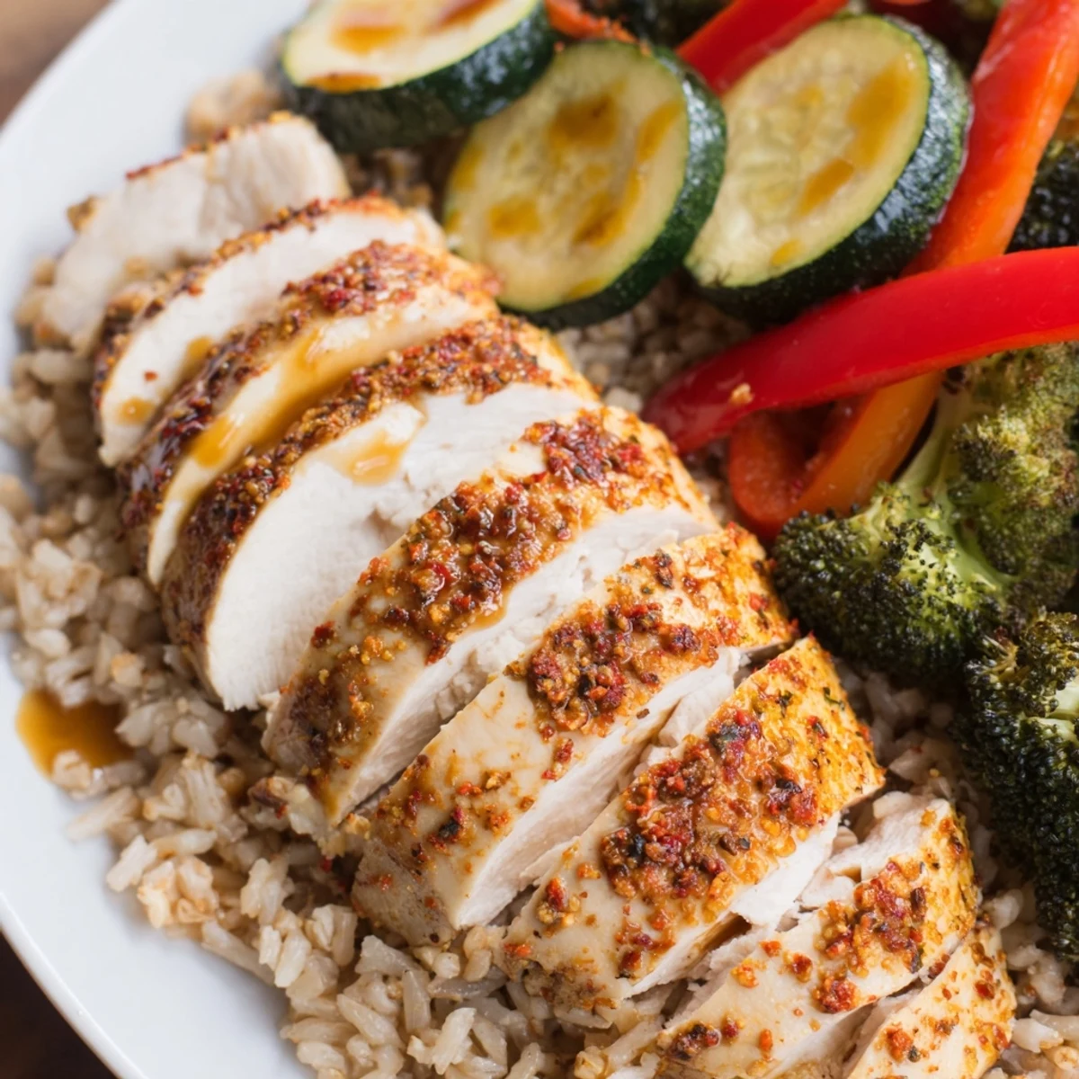 Healthy Chicken Meal Prep bowls packed with roasted zucchini, broccoli, and rice for weekday lunches.