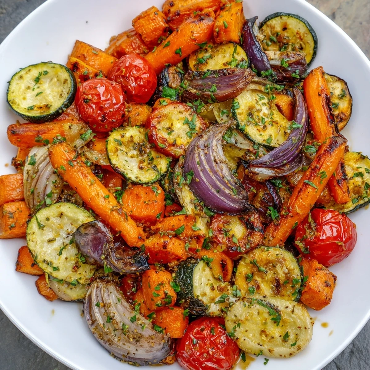 Colorful Roasted Vegetable Medley tossed with herbs and garlic, served warm as a hearty vegan side dish for dinner.