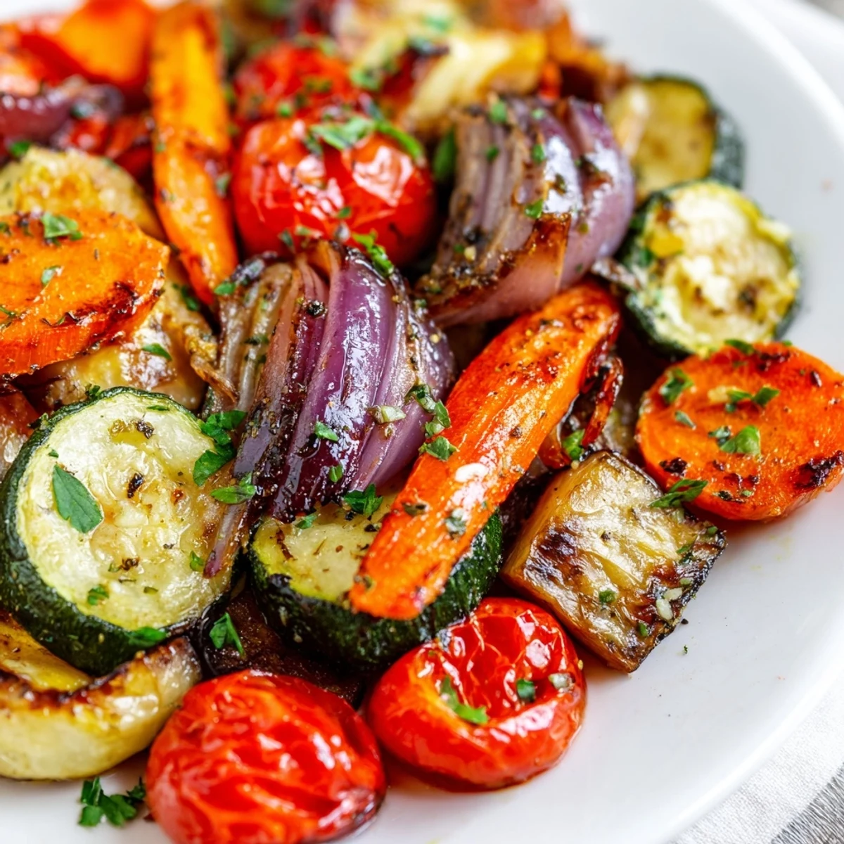 Golden roasted vegetables from the Roasted Vegetable Medley recipe, including carrots and bell peppers, with crispy edges on a baking sheet.