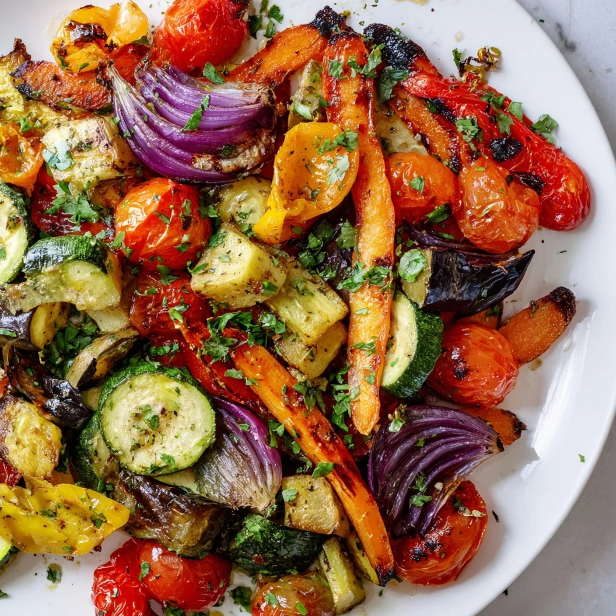 Close-up of a vibrant Roasted Vegetable Medley, featuring caramelized zucchini and onions, ready to be enjoyed as a healthy meal.