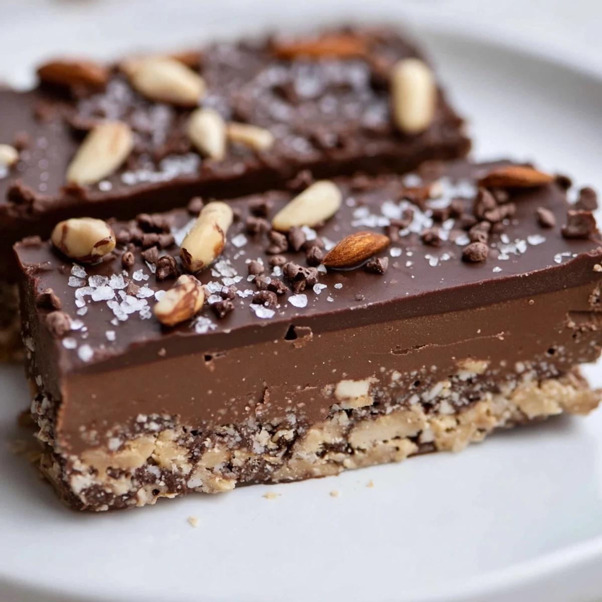 Homemade Chocolate Treat Bar stacked on parchment with graham cracker crust, melted chocolate, and mini chocolate chips for a decadent bite.