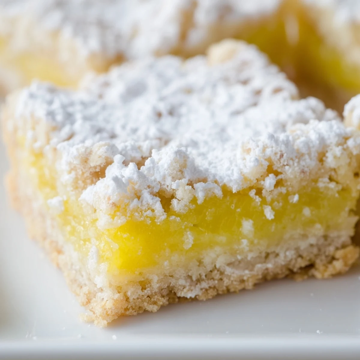Golden-brown Lemon Dessert Bars with a buttery shortbread crust on a ceramic plate.