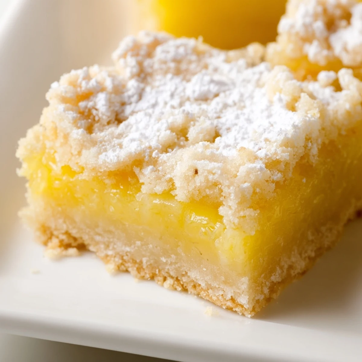 A close-up view of tangy Lemon Dessert Bars dusted with powdered sugar.
