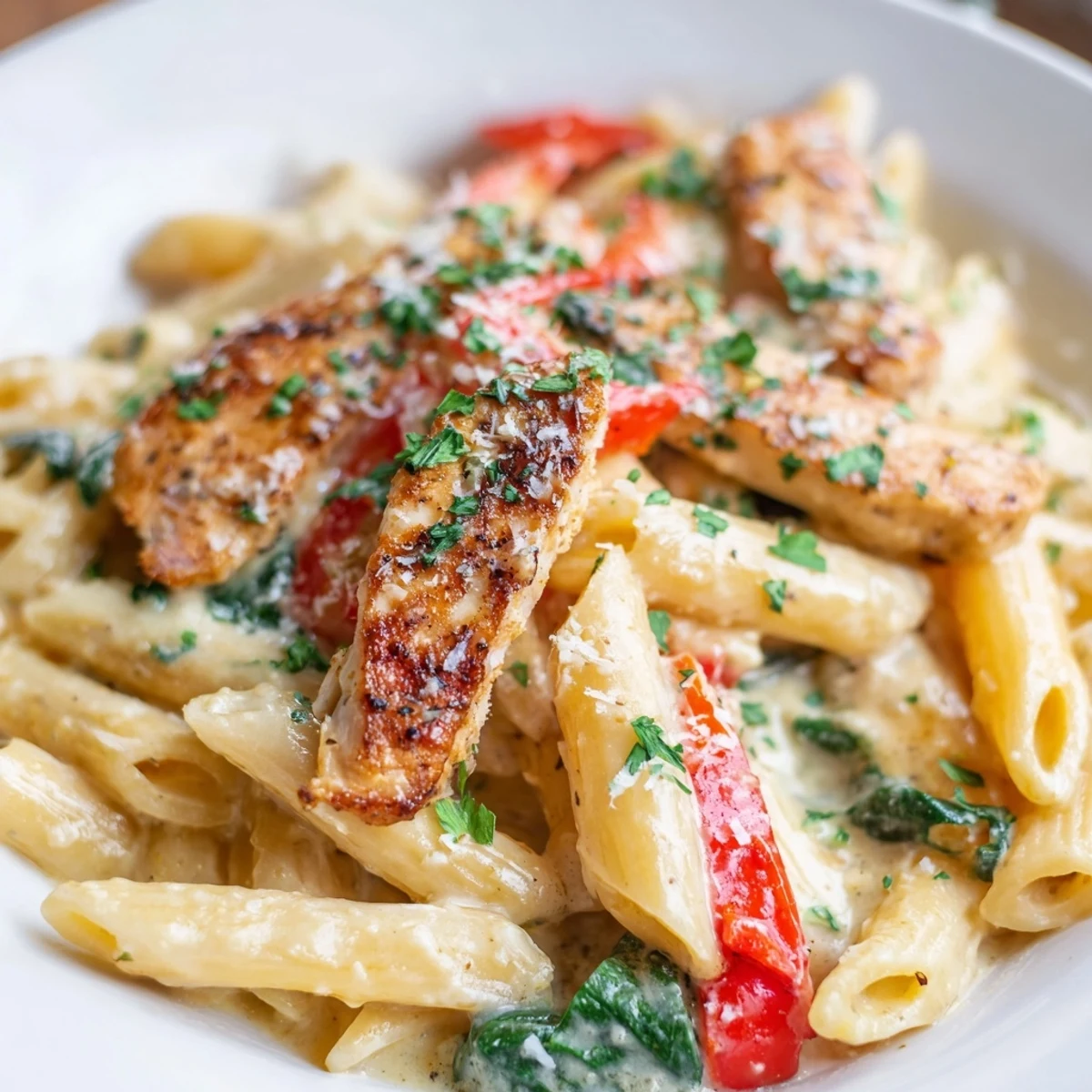 Creamy Meal Pasta served hot with penne coated in silky Parmesan sauce, sautéed red bell peppers, and tender chicken.