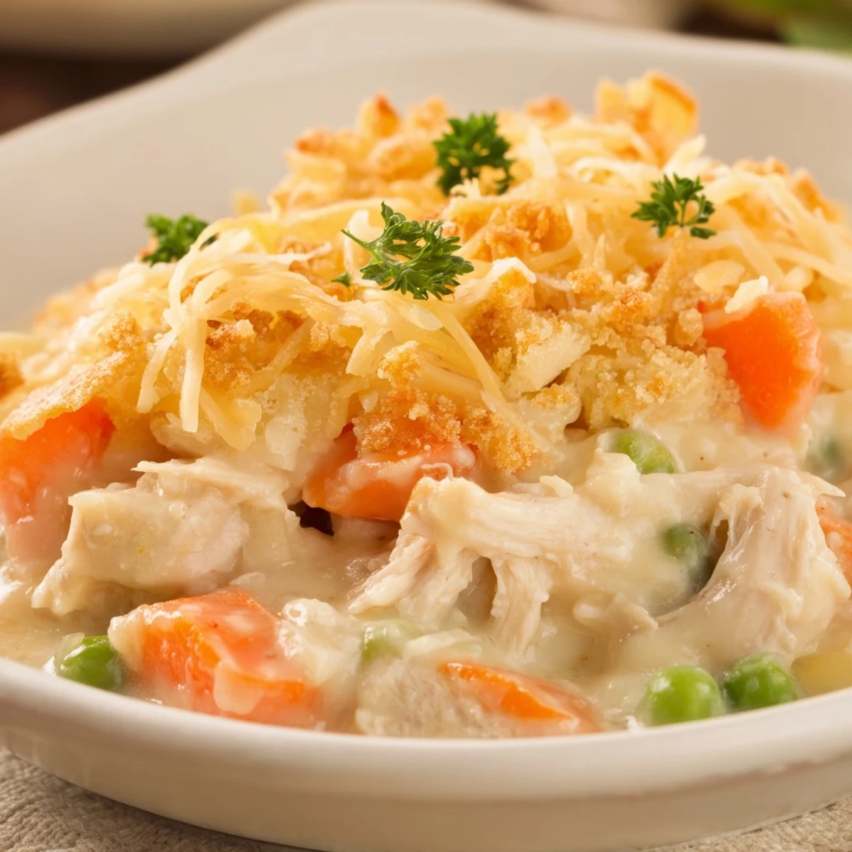 Turkey Dish Casserole topped with fresh parsley and bubbly cheese from the oven.