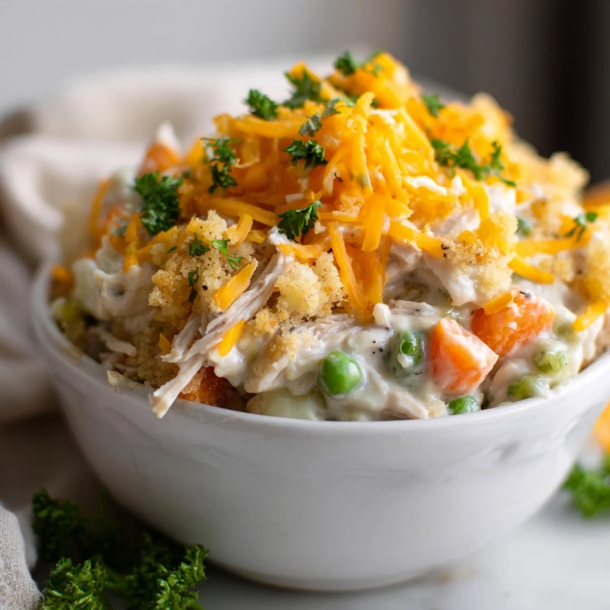 Golden brown Turkey Dish Casserole with melted cheddar and buttery breadcrumbs, served hot.