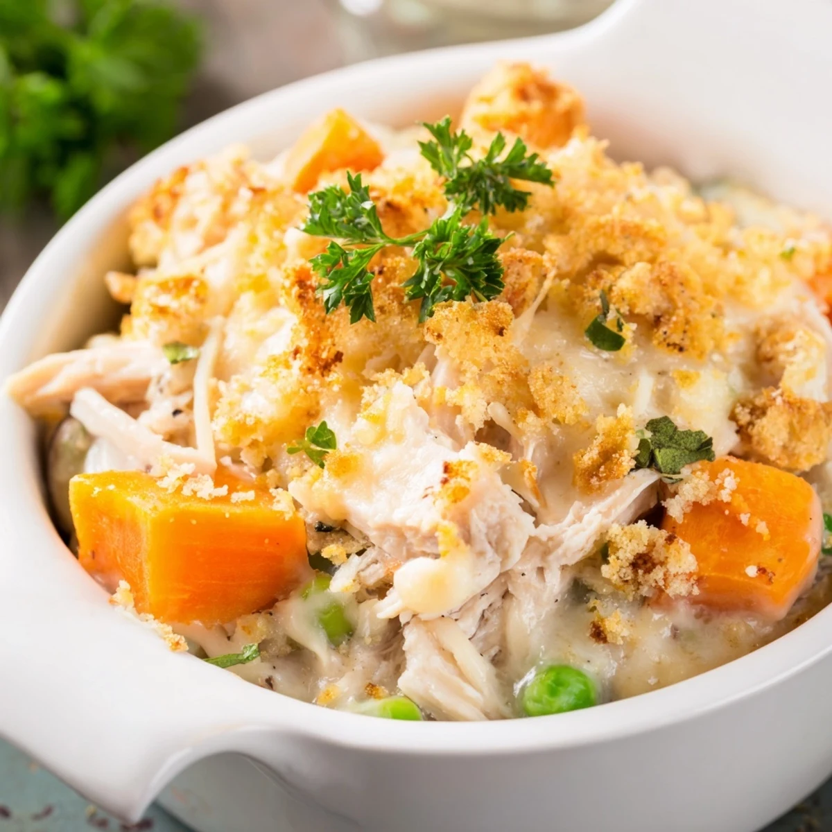Freshly baked Turkey Dish Casserole with creamy turkey, peas, and carrots, perfect weeknight dinner.