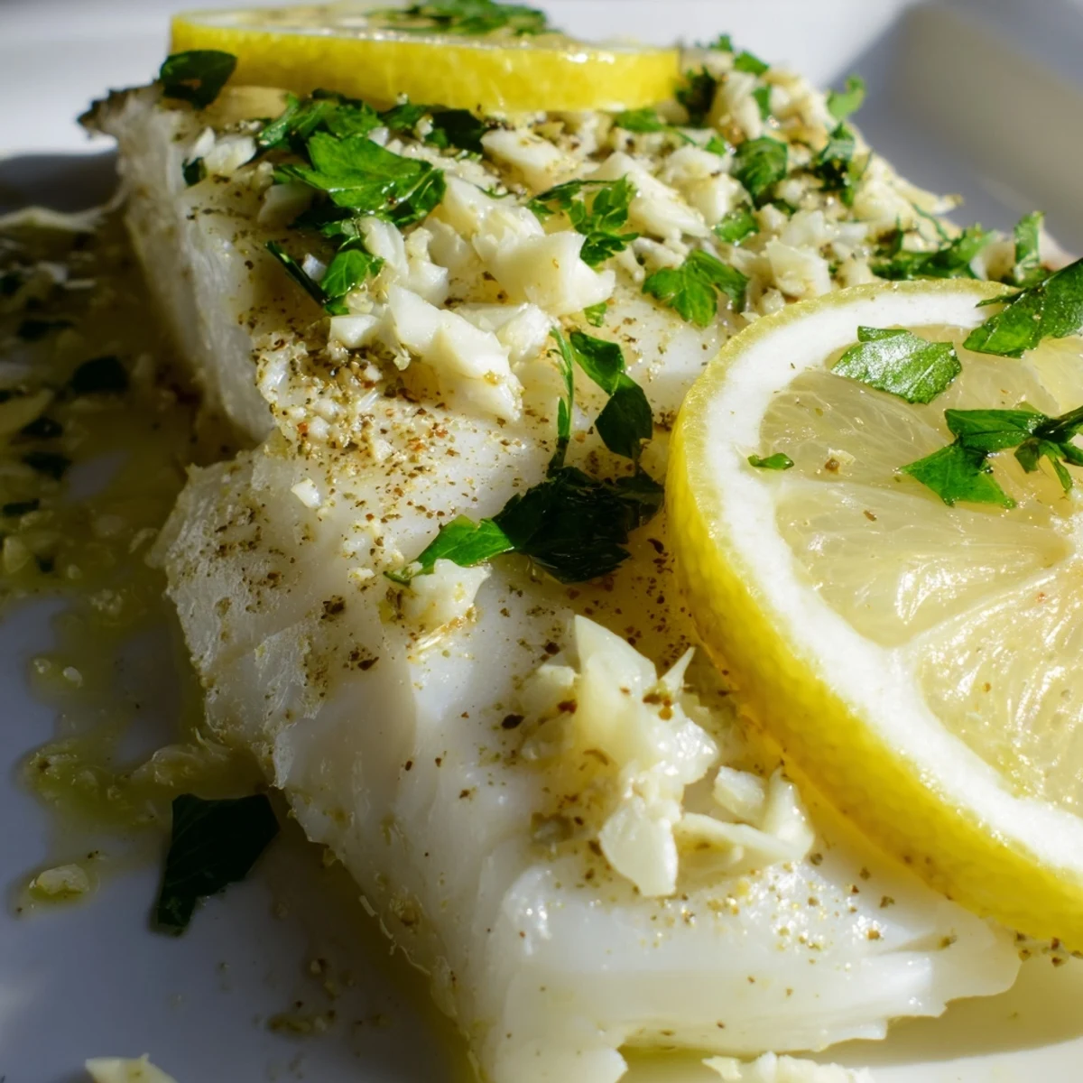 Freshly baked fish fillet garnished with lemon slices and parsley on a baking tray, steaming and ready to serve with rice.