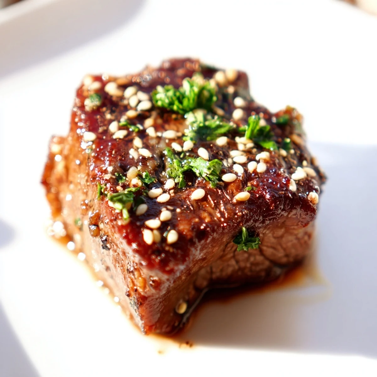 Caramelized Beef Treat Bites on a rustic platter, garnished with fresh parsley and ready to be dipped in sauce.