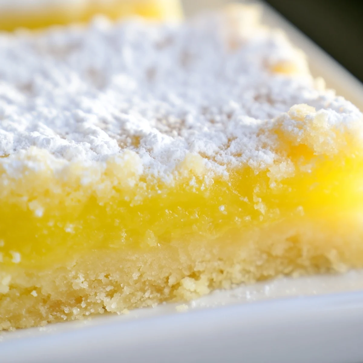 Freshly baked Lemon Treat Bars with a golden shortbread crust and vibrant yellow filling, dusted with powdered sugar on a rustic wooden table.