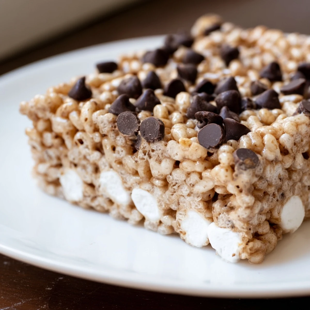 Freshly cut Crispy Treat Bars with melted marshmallow goo and crispy rice cereal, stacked on a rustic wooden board.