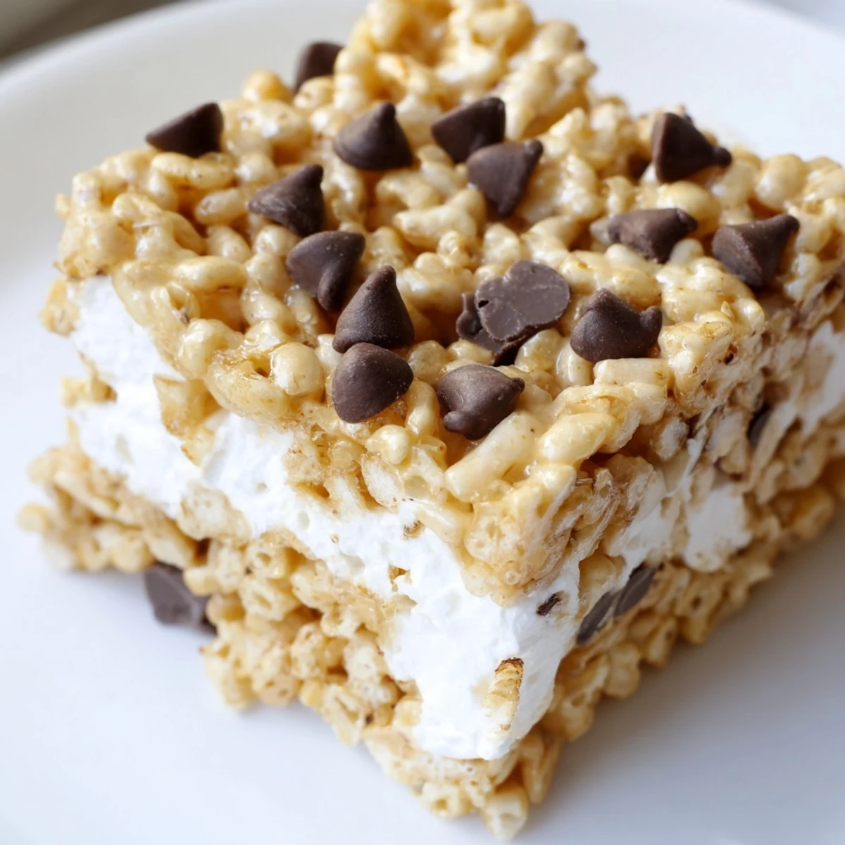 Golden Crispy Treat Bars topped with mini chocolate chips, served with a tall glass of cold milk.