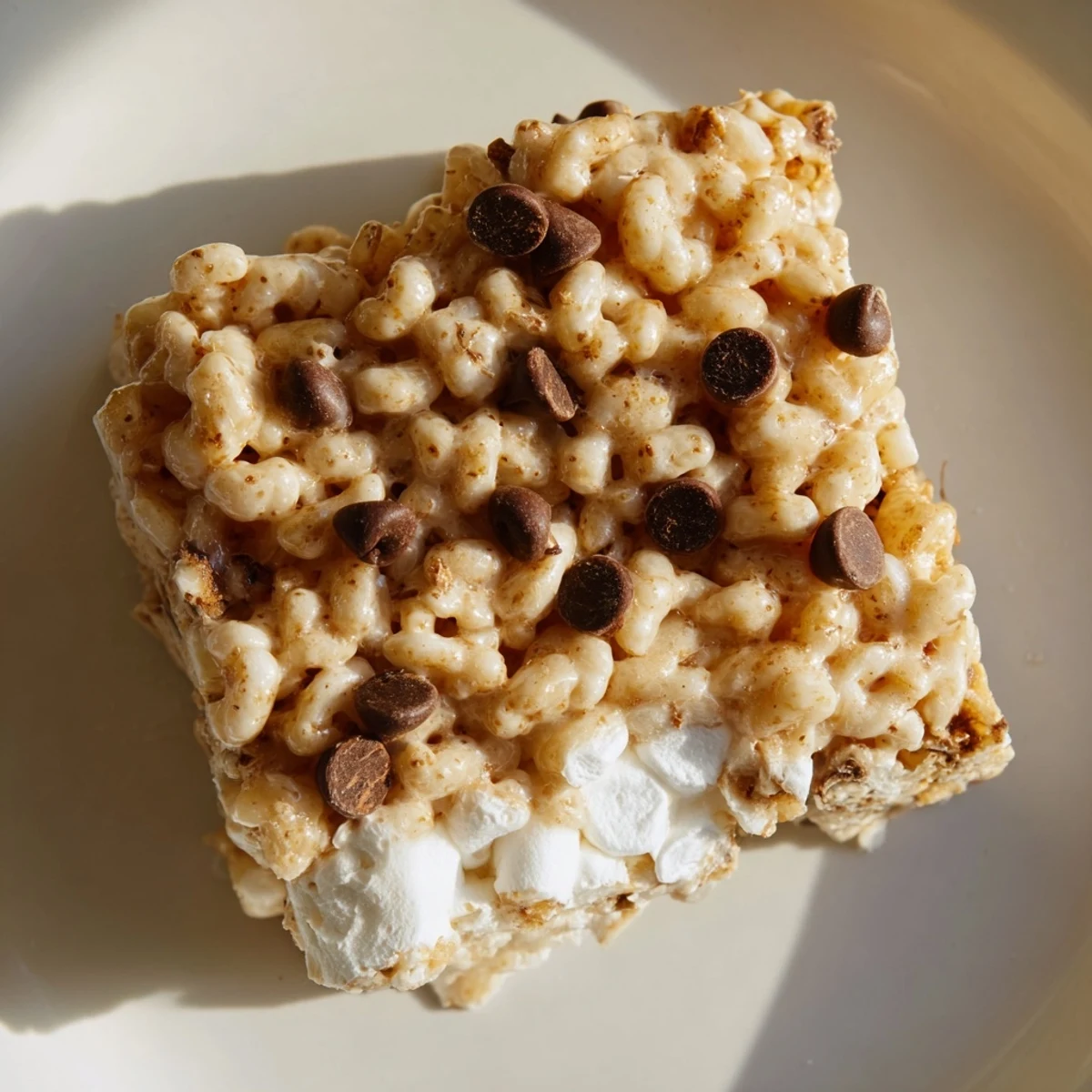 Homemade Crispy Treat Bars pressed into a 9x13 pan, showing a chewy texture and sweet vanilla marshmallow coating.