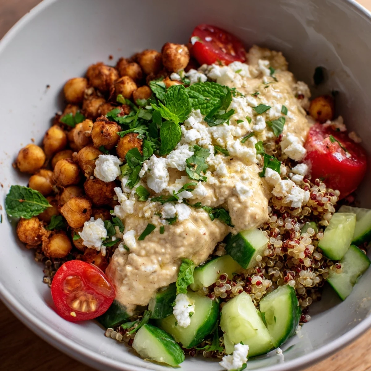 Freshly sautéed spiced chickpeas and colorful veggies on quinoa, drizzled with creamy lemon-tahini dressing.
