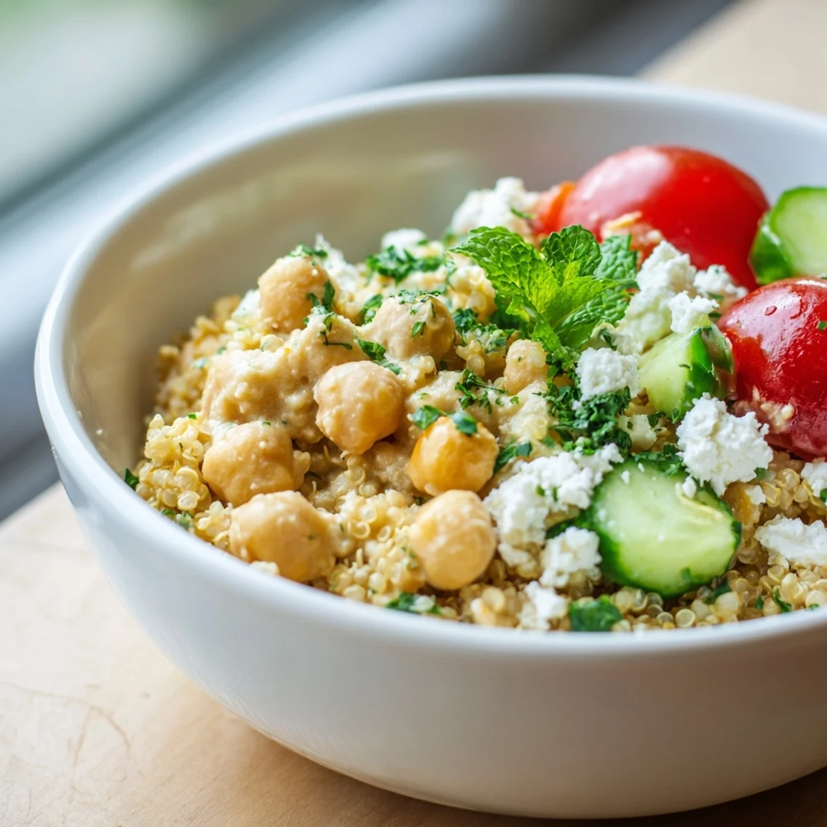 Bright Mediterranean Meal Bowl topped with feta, Kalamata olives, cucumbers, and tomatoes on herbed greens.