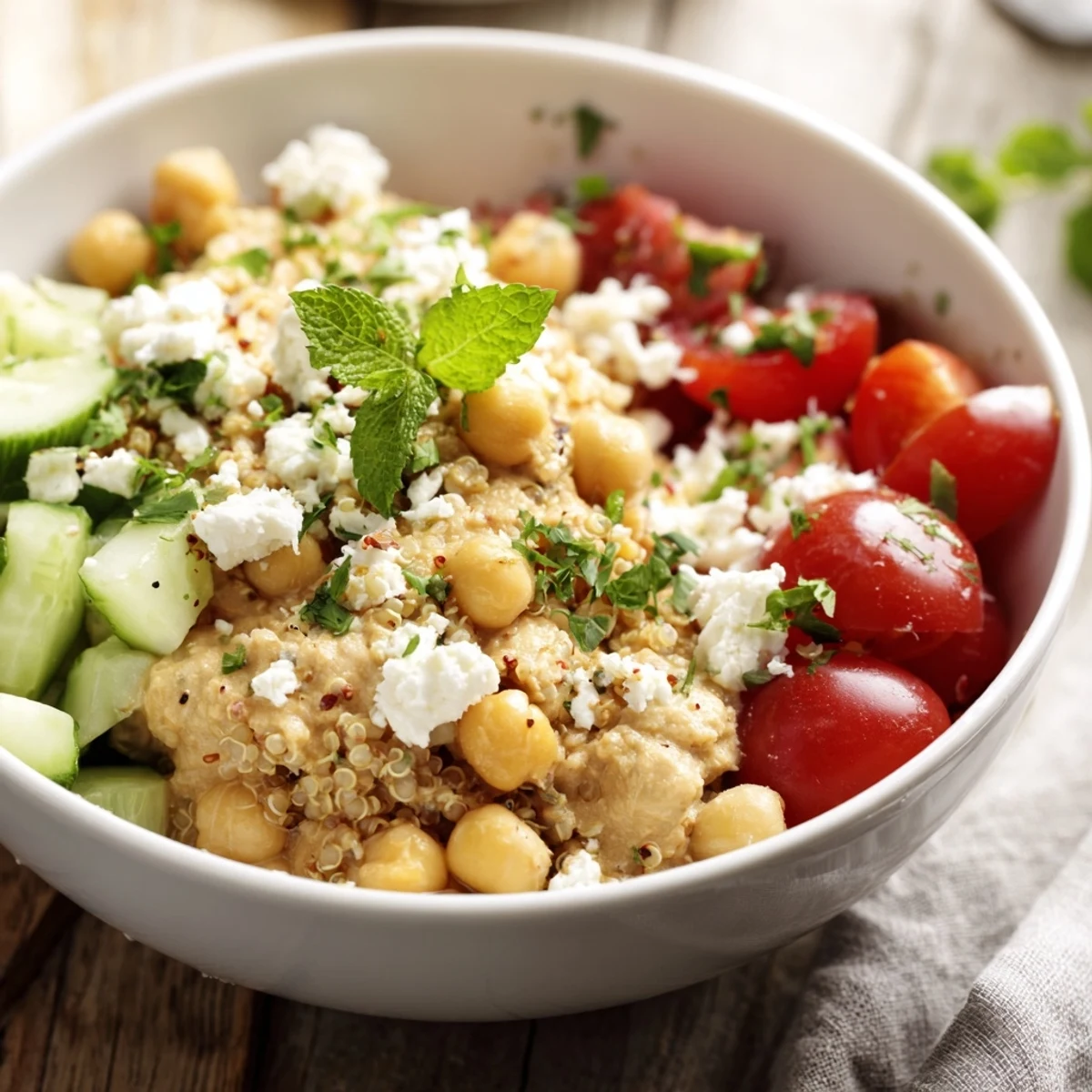 Healthy vegetarian Mediterranean Meal Bowl with fluffy grains, crisp spinach, and rich lemon-tahini sauce ready to serve.