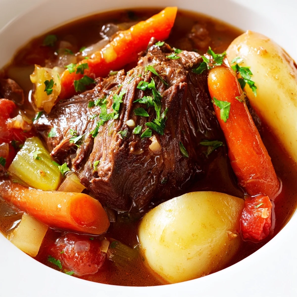 Slow Cooker Meal Pot with tender beef chuck and carrots in a savory broth, ready to serve.