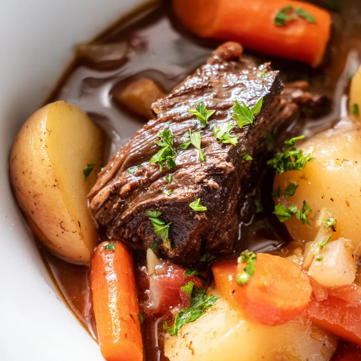 Slow Cooker Meal Pot bubbling with potatoes, celery, and onions, garnished with fresh parsley for family dinner.