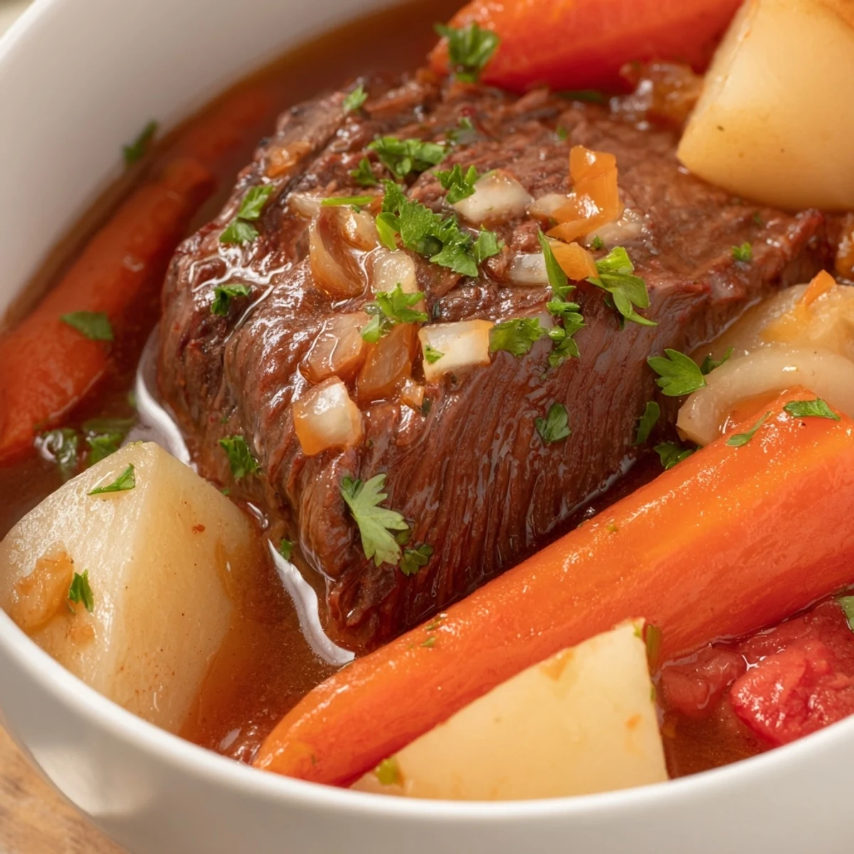 Spoon lifting tender beef and veggies from the Slow Cooker Meal Pot, ideal with crusty bread on the side.