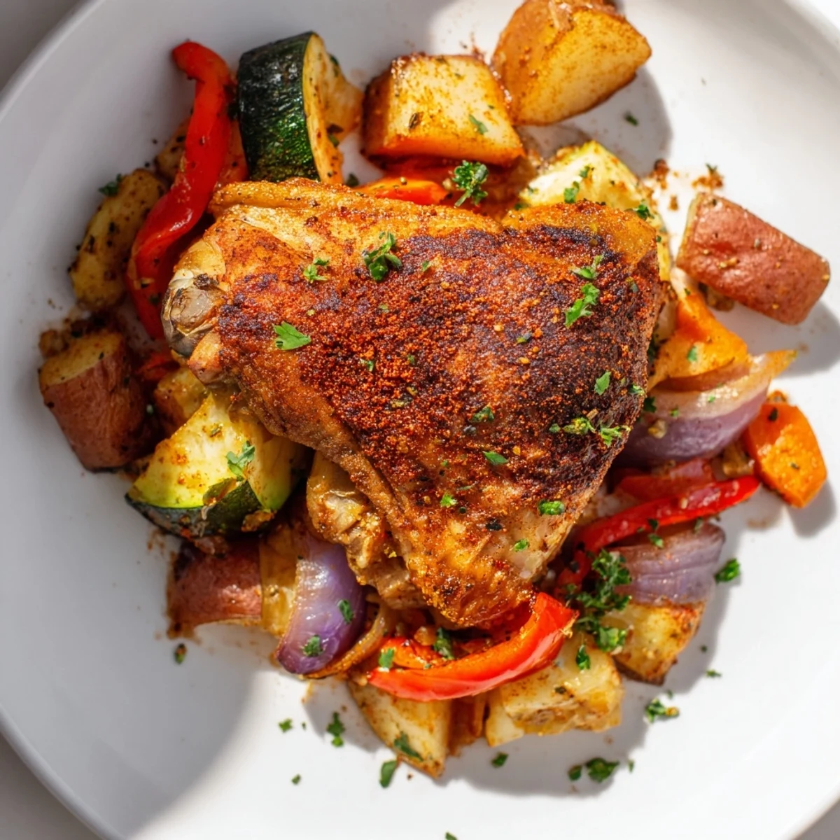 Golden-brown Roasted Meal Pan with crispy chicken thighs, caramelized red potatoes, carrots, and red bell peppers, finished with fresh parsley.