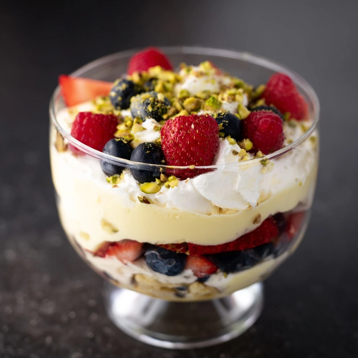 Creamy Treat Dessert layered in a glass with vanilla custard, whipped cream, and fresh berries topped with chopped pistachios.