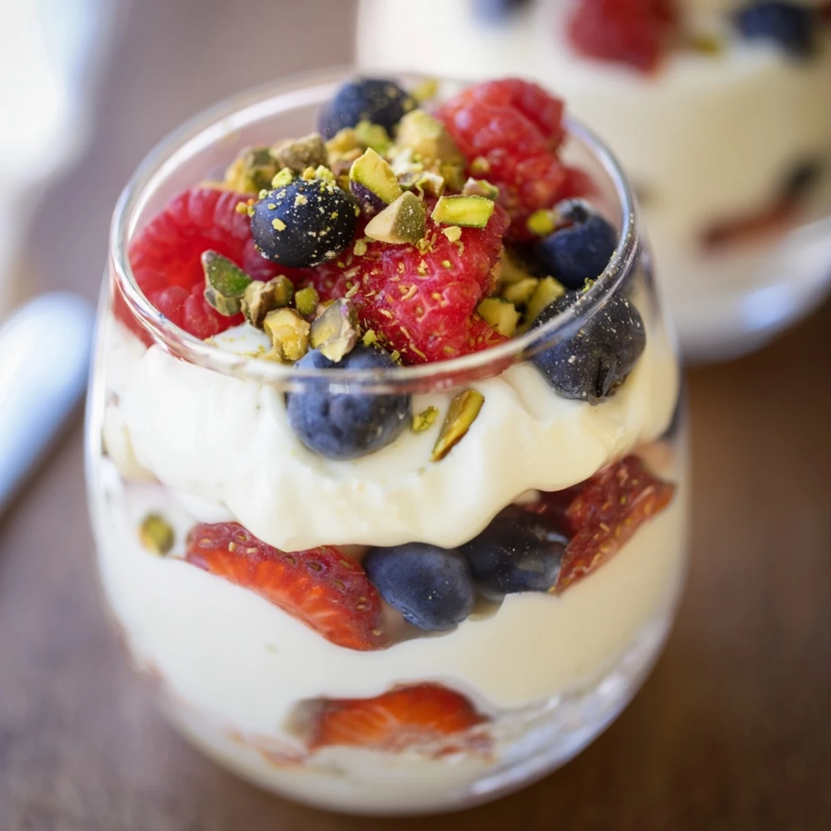 A close-up of Creamy Treat Dessert showing velvety custard and ripe strawberries with a drizzle of berry coulis.