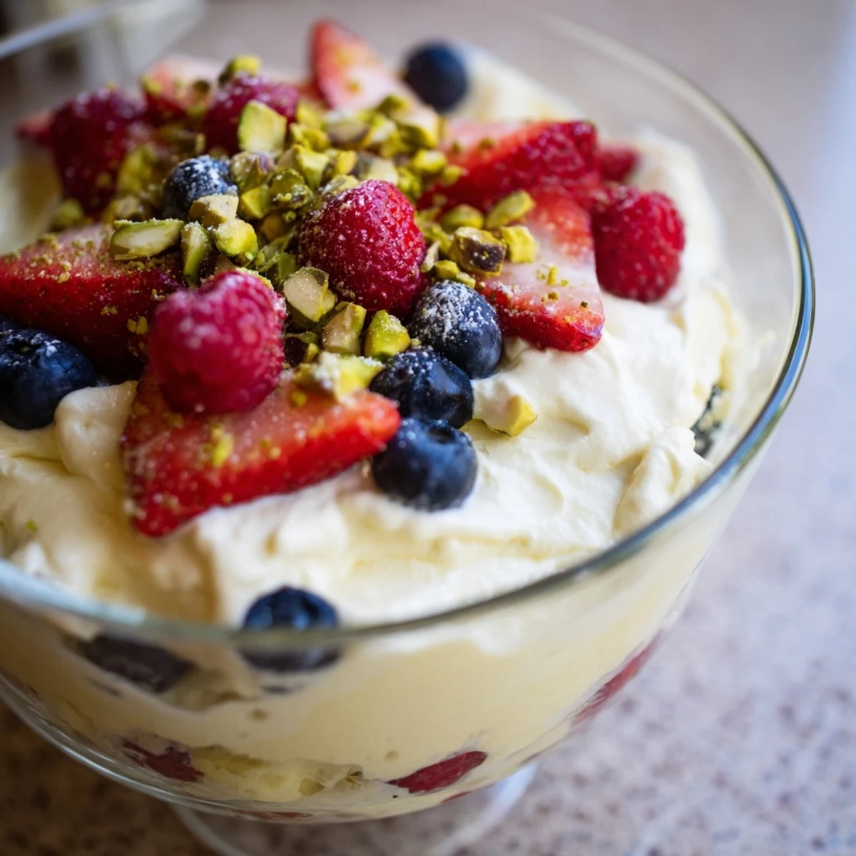 Spoon diving into chilled Creamy Treat Dessert, layered with creamy vanilla custard, whipped cream, and vibrant mixed berries.