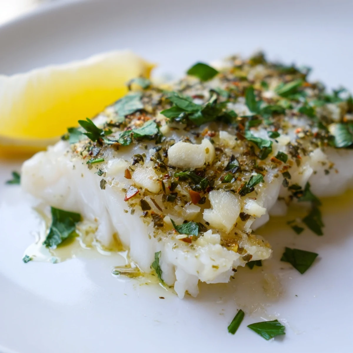 Fork-tender Baked Cod Dish Platter with lemon-garlic herbs, paired with vibrant roasted peppers and zucchini on a baking sheet.