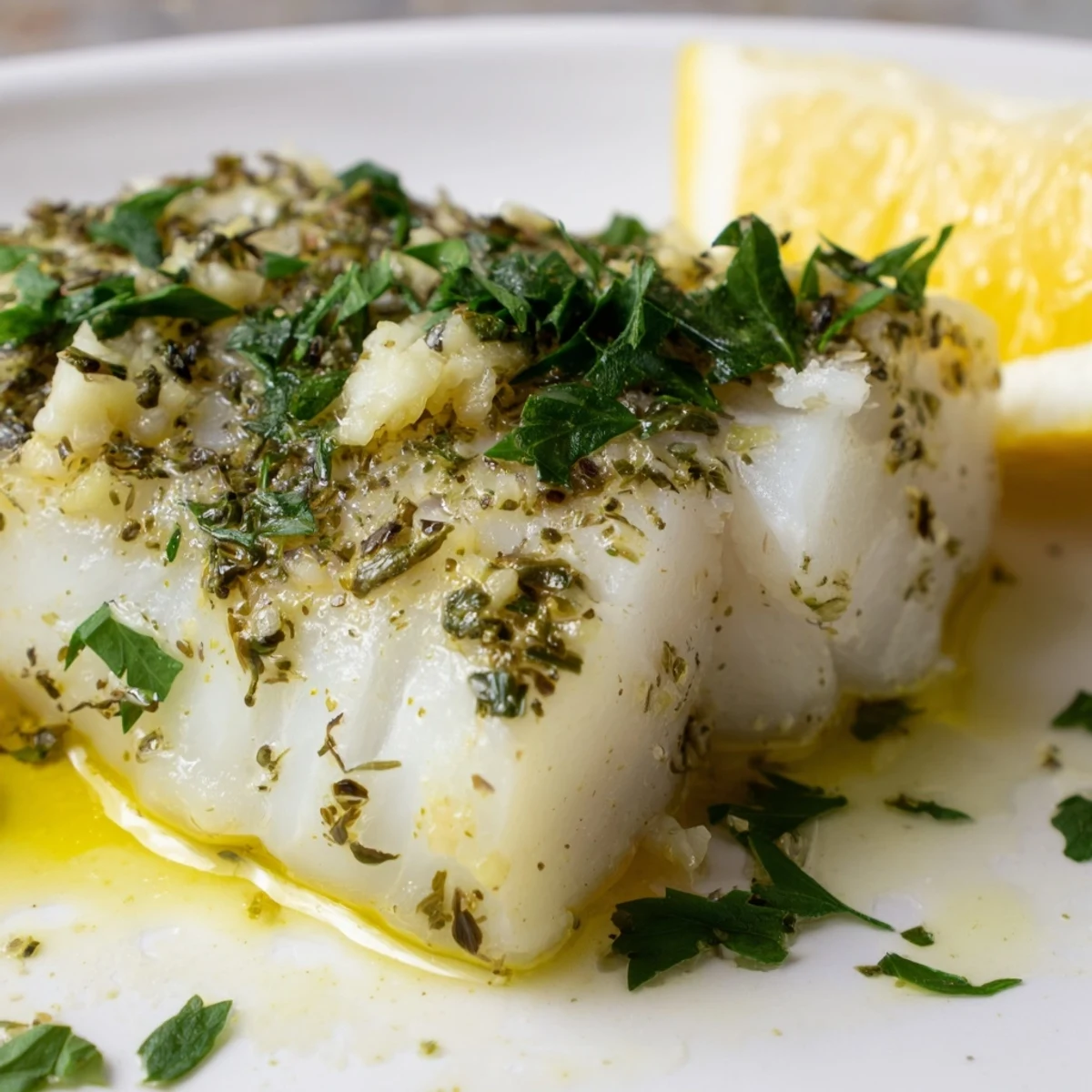 Golden Baked Cod Dish Platter fresh from the oven, garnished with parsley and lemon wedges, alongside juicy roasted cherry tomatoes.