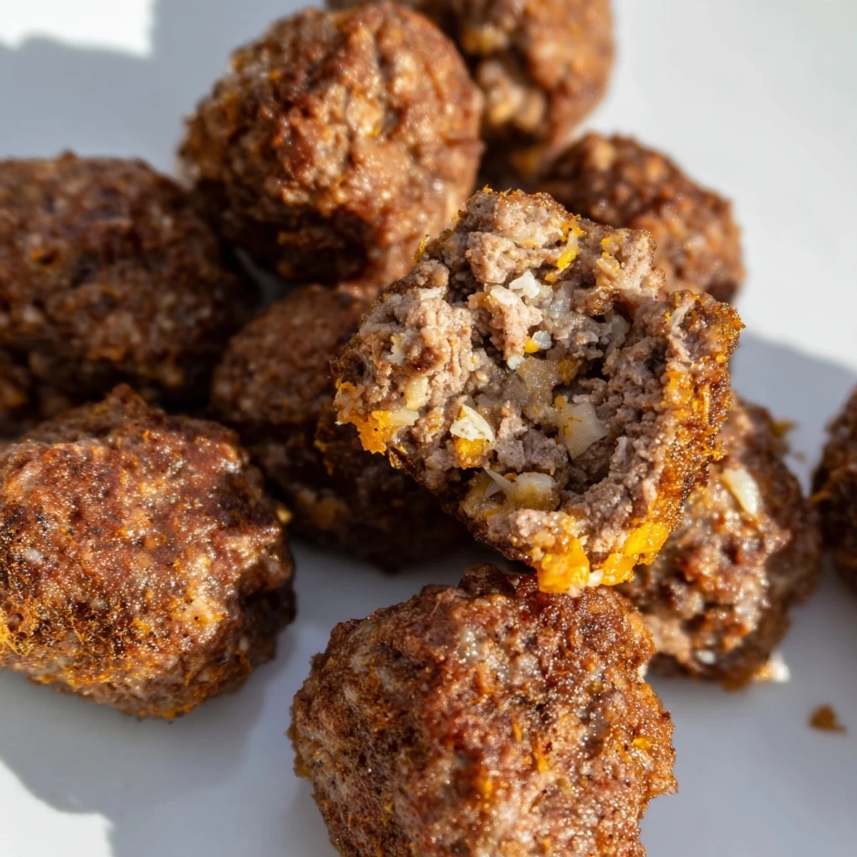 Oven-baked protein bites made with seasoned ground beef and cheddar cheese on a tray.