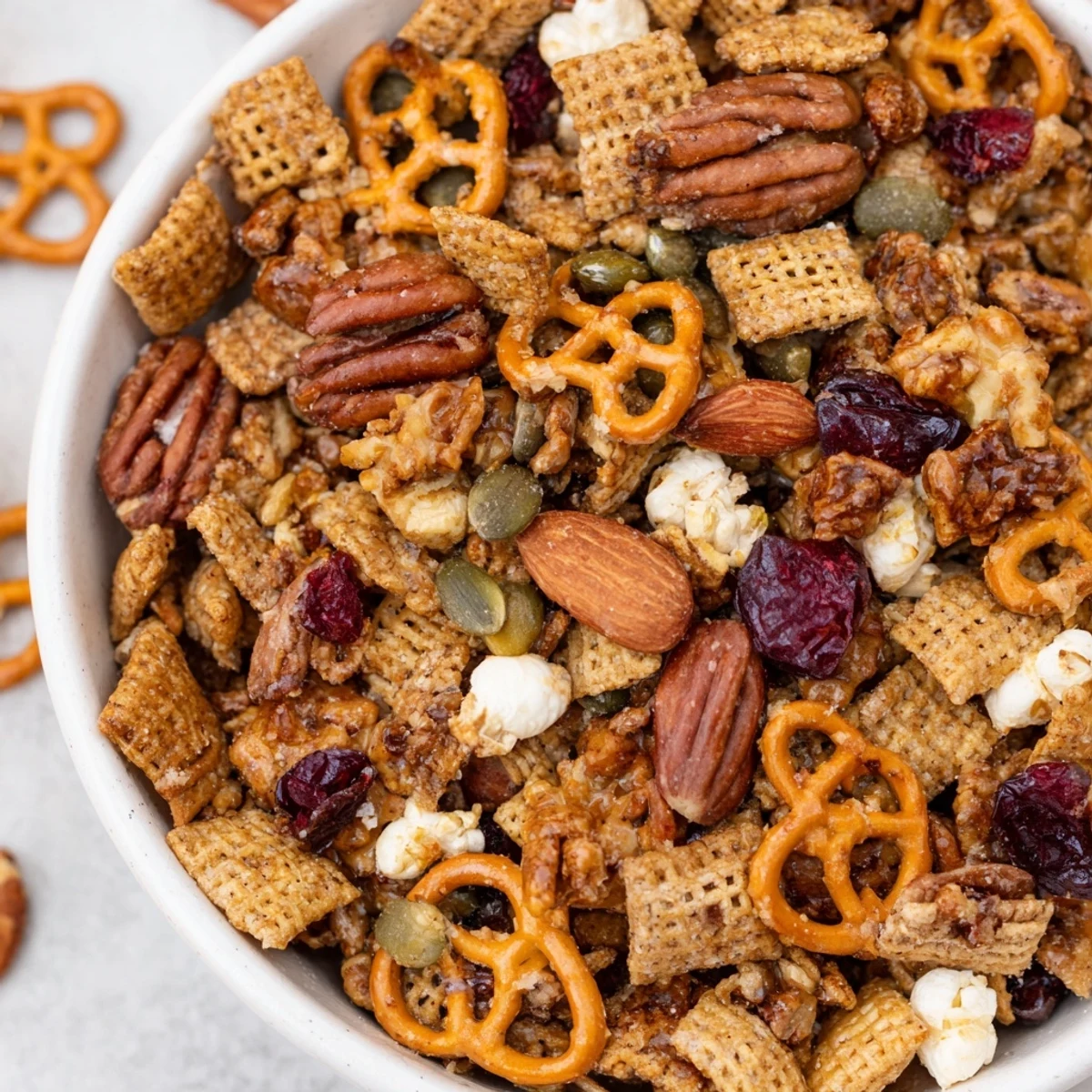 A large bowl of Winter Snack Mix with crunchy almonds, pumpkin seeds, and chewy apricots, served in a festive bowl.
