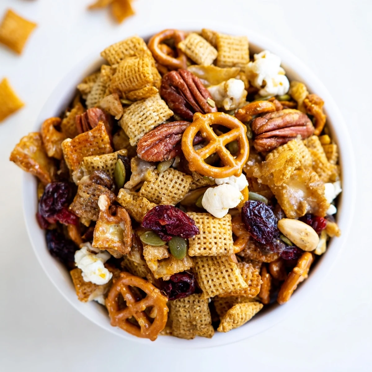 Golden-brown Winter Snack Mix with toasted cereal, pretzels, and pecans, studded with dried cranberries on a baking sheet.