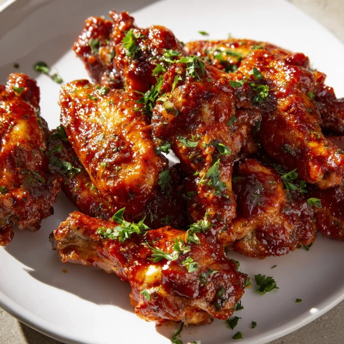 Crispy golden chicken wing platter glistening with smoky-sweet barbecue sauce and fresh parsley garnish.