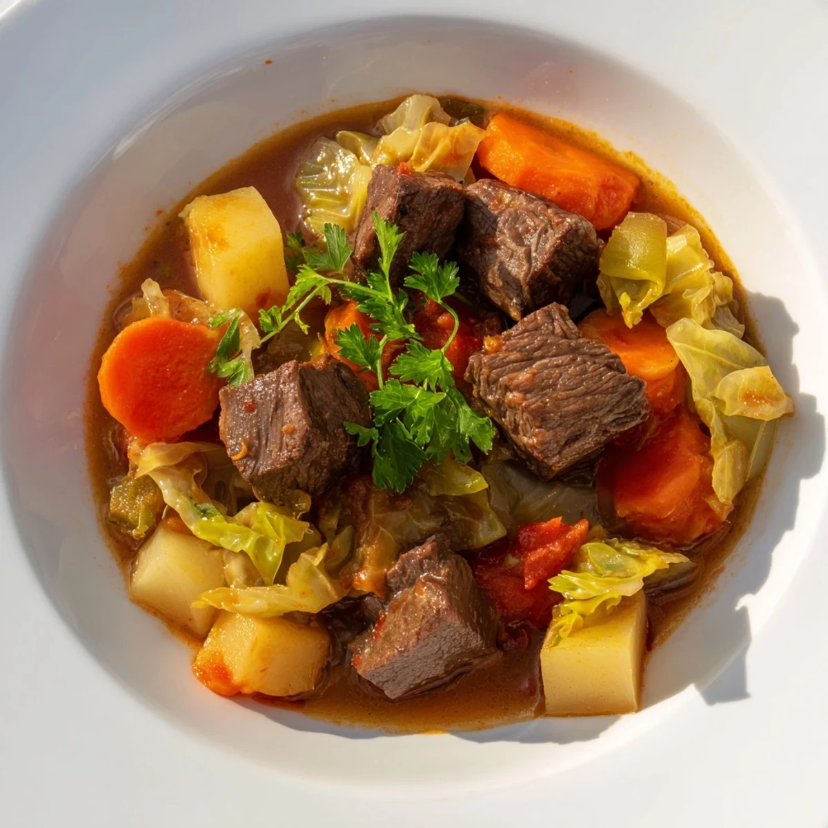 Hearty Cabbage and Beef Soup with Potatoes bubbling in a rustic pot, with tender beef cubes and sweet cabbage leaves visible in the savory broth.