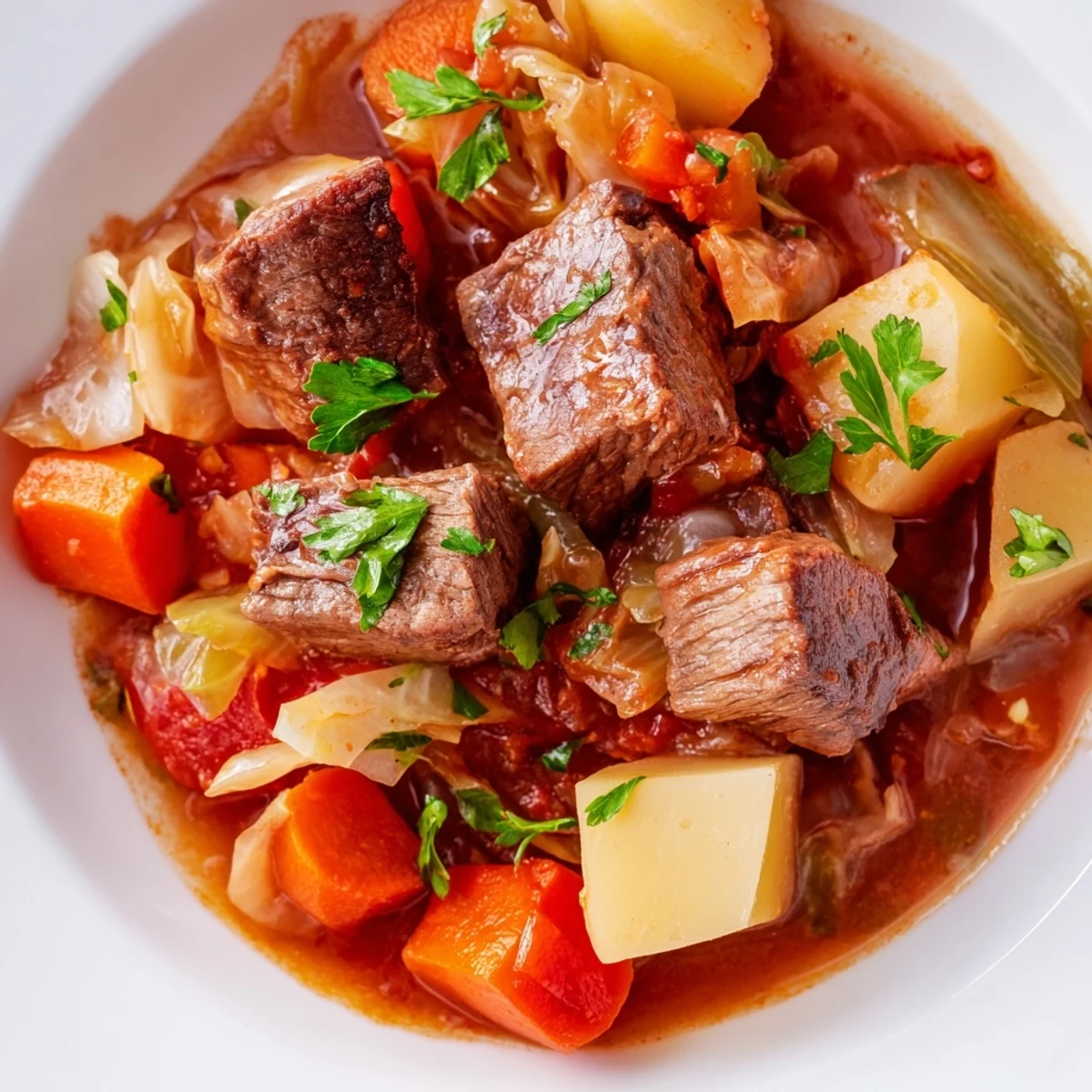 A close-up of Cabbage and Beef Soup with Potatoes in a white bowl, topped with fresh parsley and served alongside crusty artisan bread for dipping.