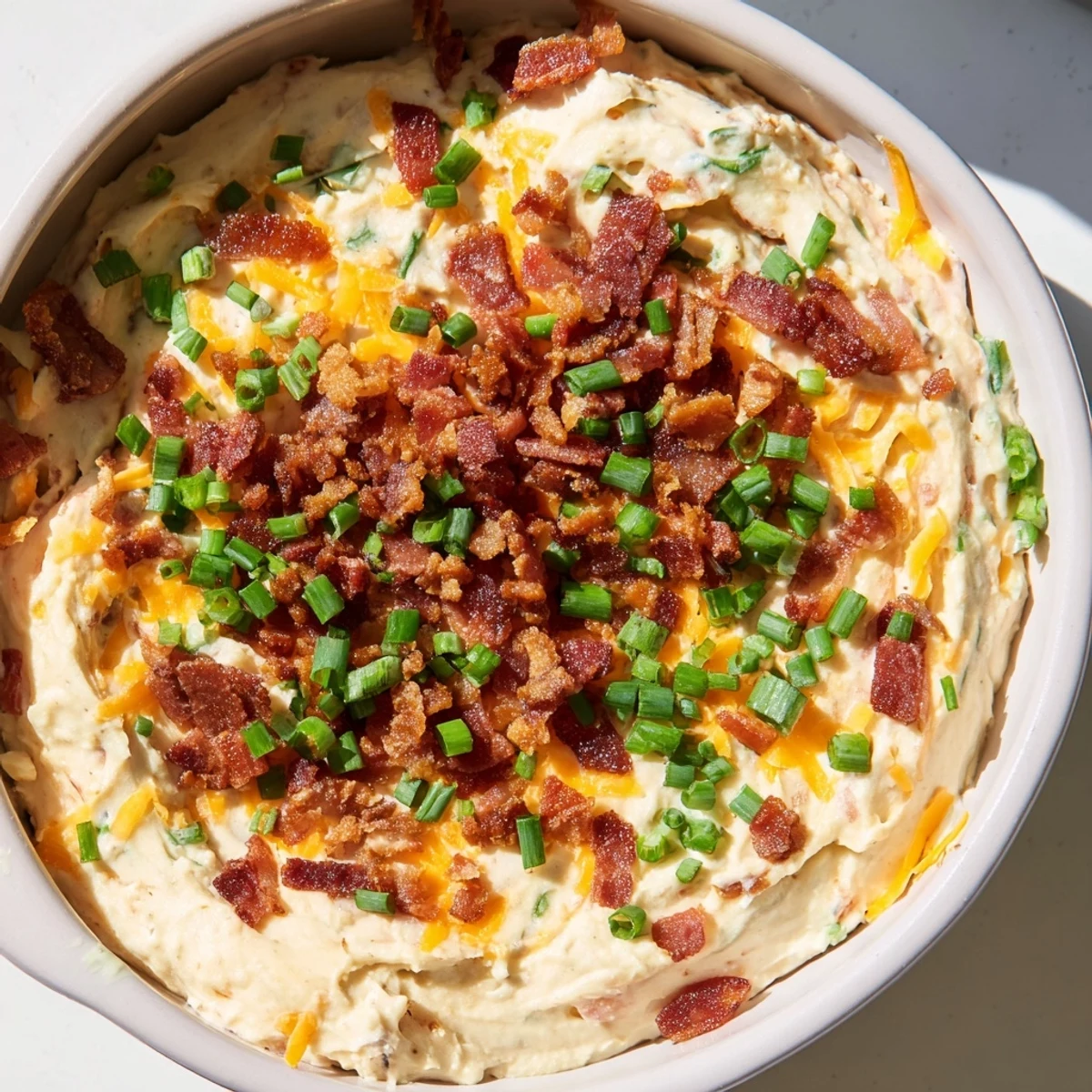 Crispy bacon and sharp cheddar flavor in this Loaded Baked Potato Dip, paired with crunchy potato chips.