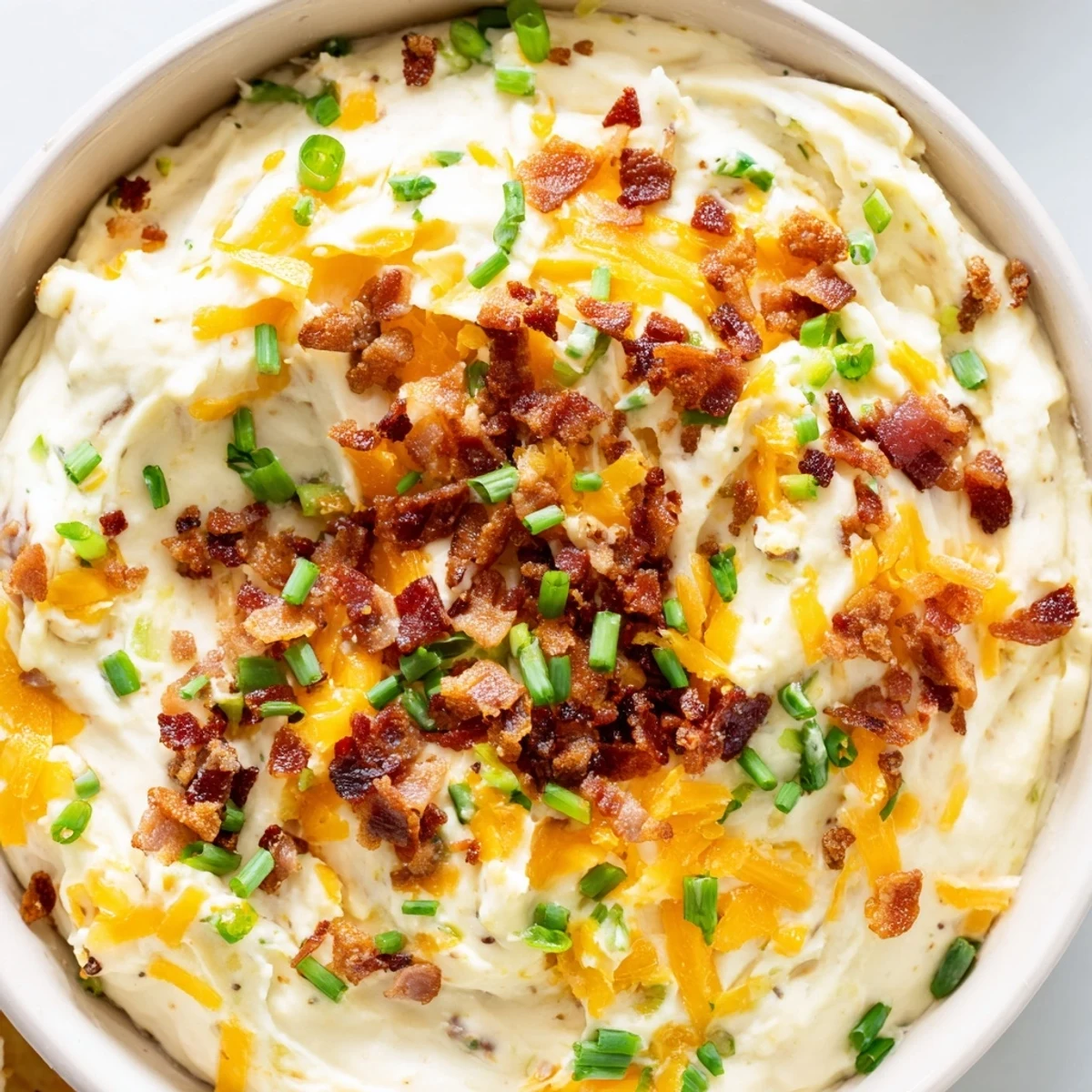 Party-ready Loaded Baked Potato Dip served with golden potato chips, perfect for game day gatherings and potlucks.