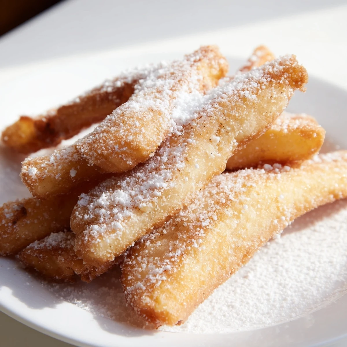 Golden-brown Beignet Fries with Powdered Sugar resting on a paper towel, showcasing their crispy texture and sweet coating.