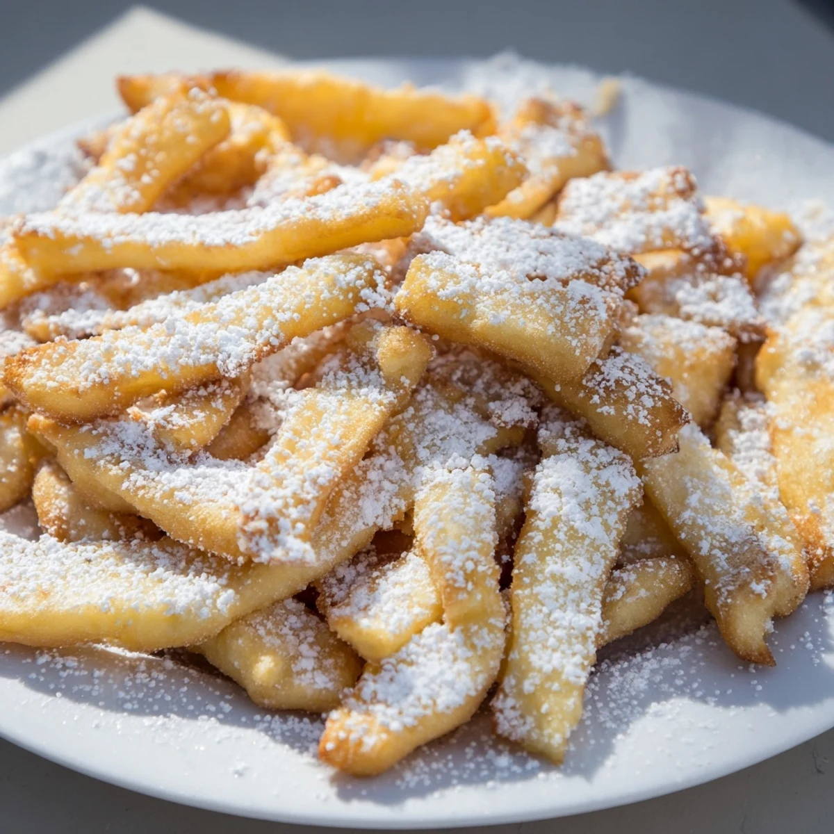 Warm Beignet Fries with Powdered Sugar spilling out of a rustic basket, highlighting their fluffy interior and crunchy exterior.