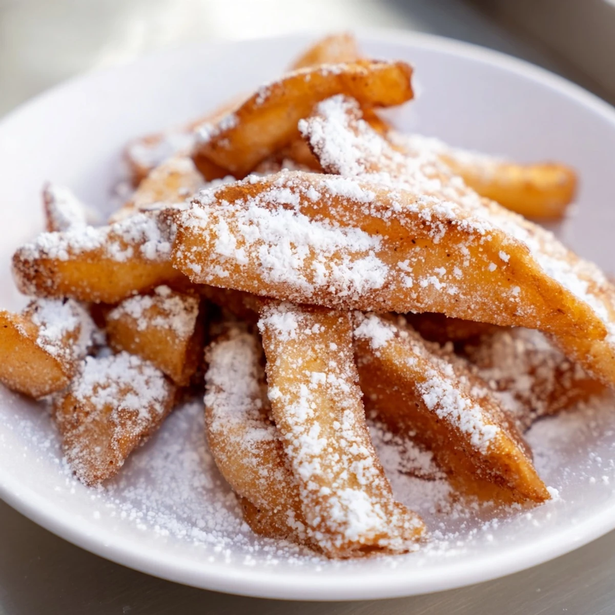 Freshly fried Beignet Fries with Powdered Sugar piled high on a white plate, ready to be dunked in chocolate sauce.