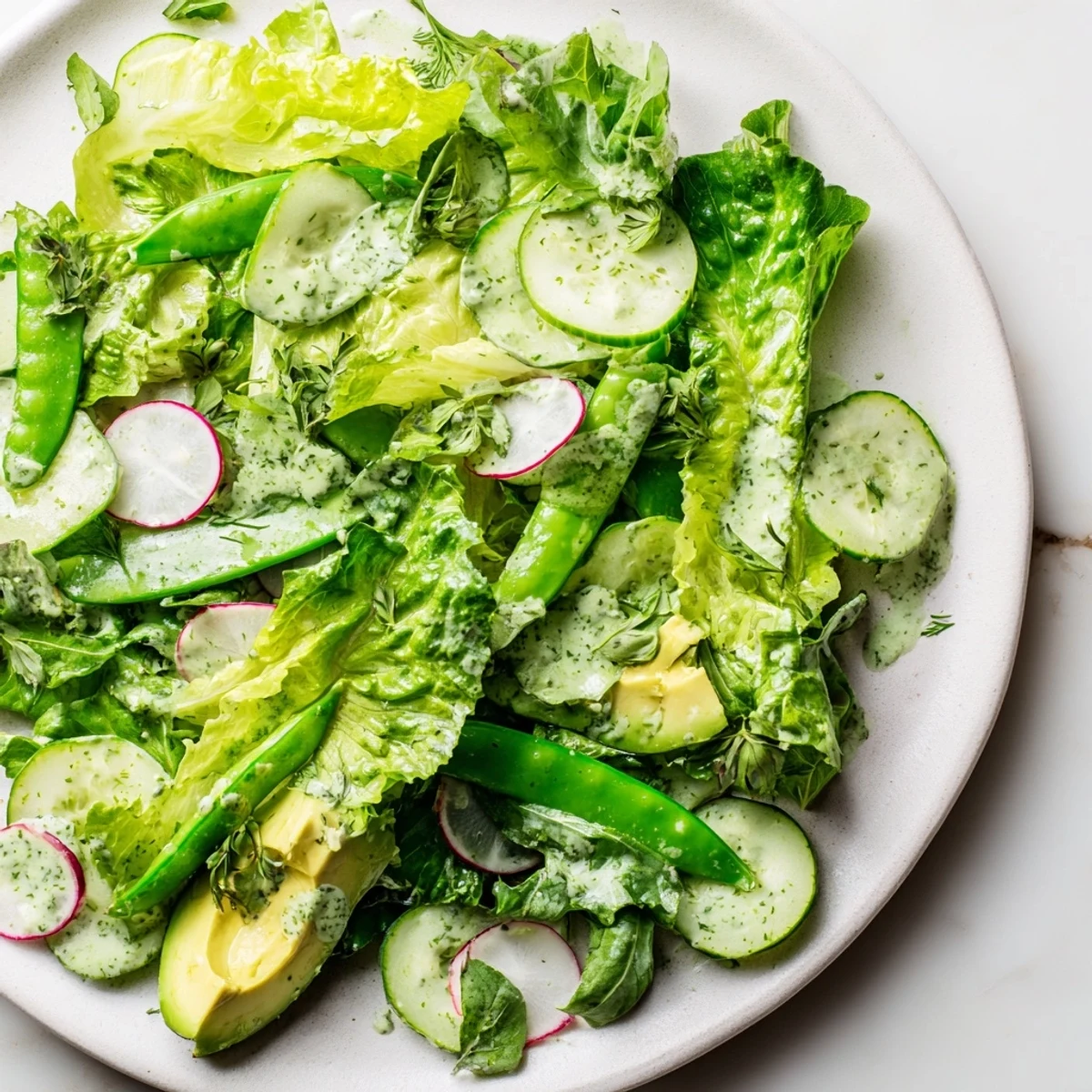 A fresh Green Salad with Green Goddess Dressing, drizzled with a creamy green sauce and garnished with bright herbs, served on a white plate.
