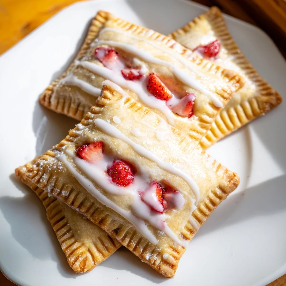Golden-brown Strawberry Hand Pies with Glaze resting on a wire rack, showcasing flaky pastry and sweet vanilla drizzle.
