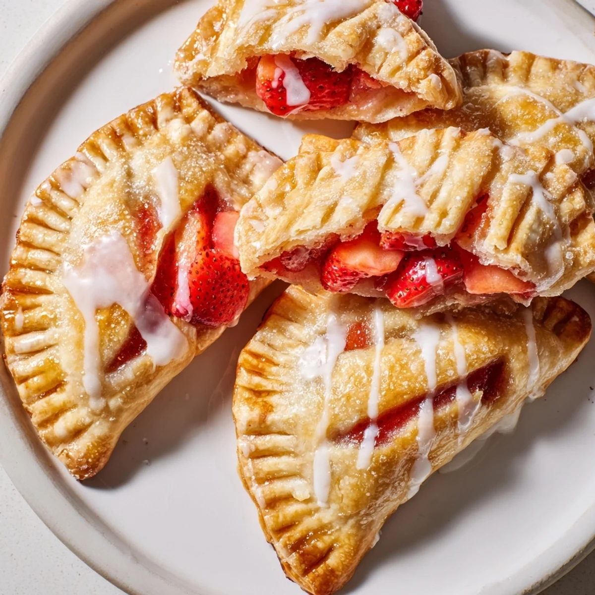 Freshly baked Strawberry Hand Pies with Glaze served on a plate, ready to be enjoyed with a cup of tea.