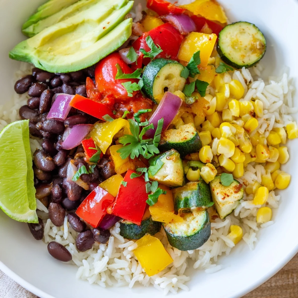 A vibrant Veggie Rice Bowl with Cajun spices, featuring sautéed peppers and creamy avocado slices.  