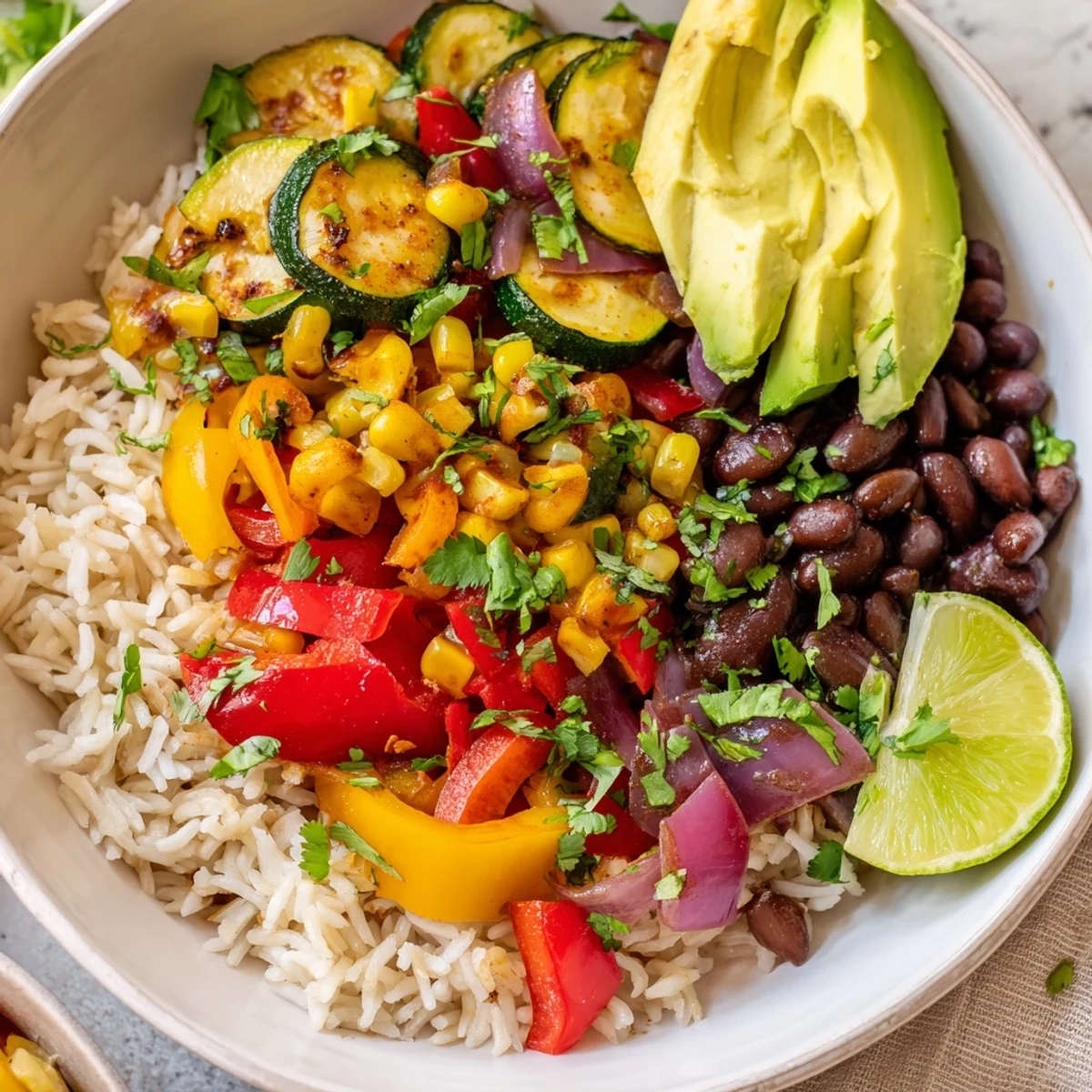 Savory Cajun Veggie Rice Bowl served hot, garnished with fresh cilantro and lime wedges for zing.  
