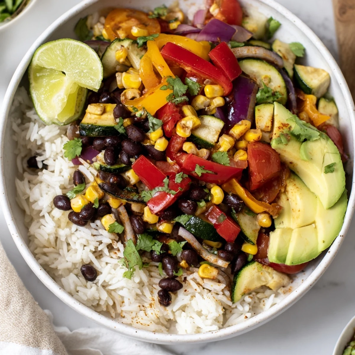 Colorful Veggie Rice Bowl with Cajun spices, a hearty vegetarian meal topped with black beans and corn.