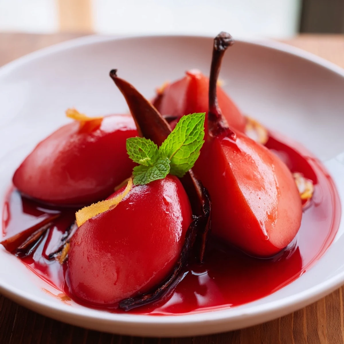 Four ripe Bosc pear halves gently poached in cinnamon and grape juice on a white plate with fresh mint.