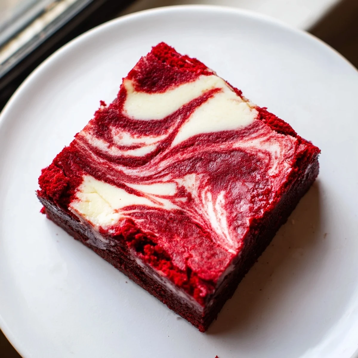 Moist, fudgy Red Velvet Brownies with Cheesecake Swirl, featuring a rich crimson crumb and creamy white swirls on a marble surface.